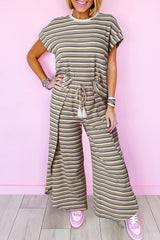 Yellow Stripe Rainbow Tee and Tassel Drawstring Wide Leg Pants Set