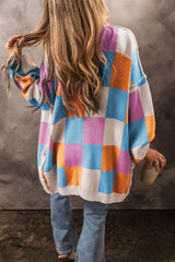 Orange Checkered Drop Shoulder Exposed Seam Open Front Cardigan