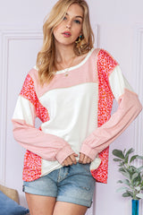 Peach Blossom Patchwork Long Sleeve Round Neck Top