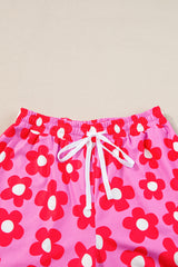 Pink Flower Print Buttoned Shirt And Drawstring Waist Pajama Set