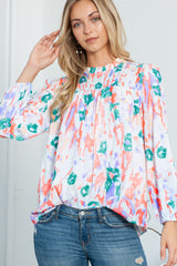 Multicolor Abstract Print Smocked Long Sleeve Blouse