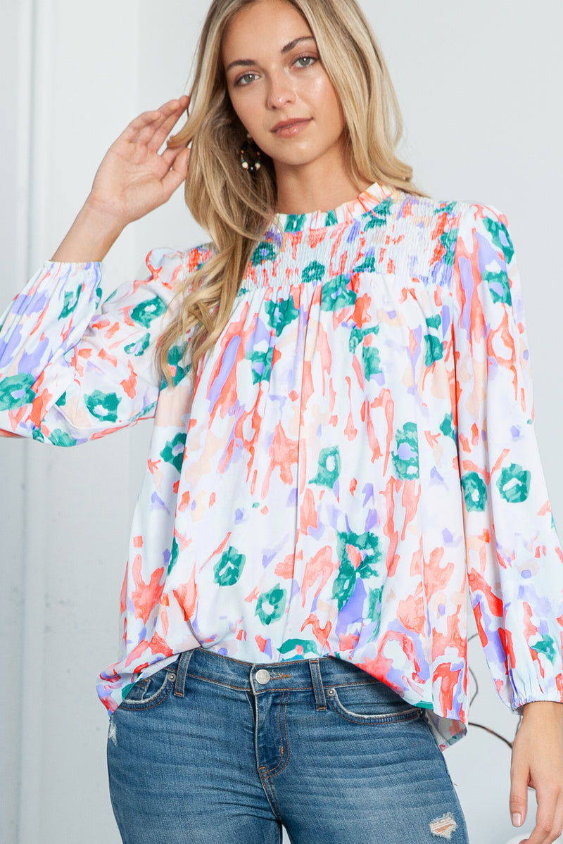 Multicolor Abstract Print Smocked Long Sleeve Blouse