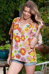 Orange Floral Print V Neck Flutter Sleeve Blouse for Women