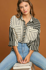 Black Striped Patchwork Button-up Long Sleeve Shirt