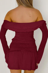 Burgundy Ruffle Off Shoulder Plain Twist Front Blouse