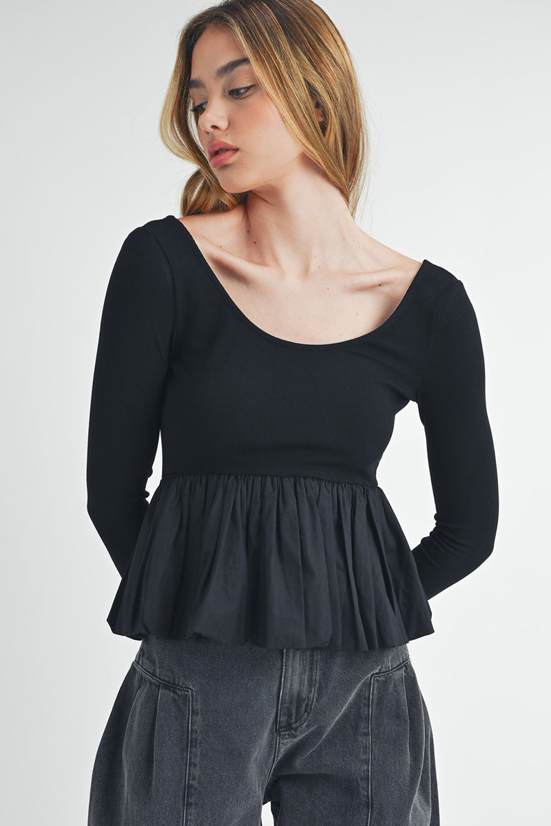 Black Plain Knitted Patchwork Peplum Top