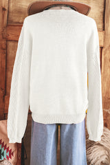 White Flower Pattern Knitted Notched Neck Sweater