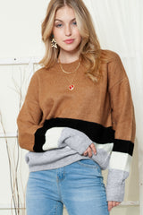 Brown Casual Striped Colorblock Ribbed Knit Sweater