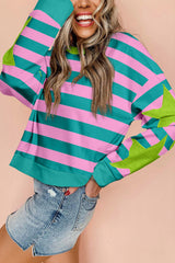 Pink Stripe Star Patchwork Round Neck Pullover Sweatshirt