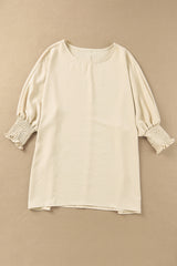 White Plain & Casual Shirred Cuffs Half Sleeve Top