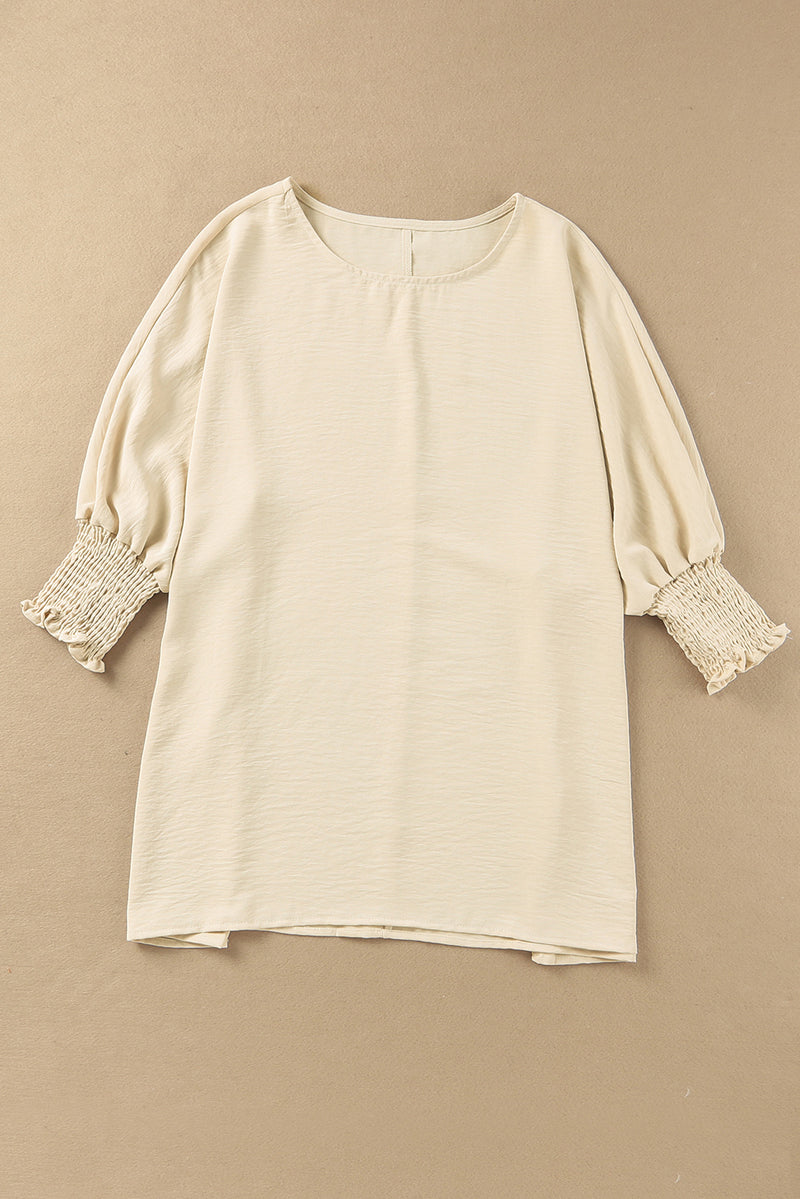 White Plain & Casual Shirred Cuffs Half Sleeve Top