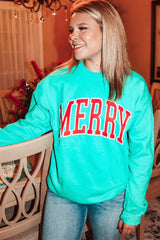 Green MERRY Print Drop Sleeve Pullover Sweatshirt