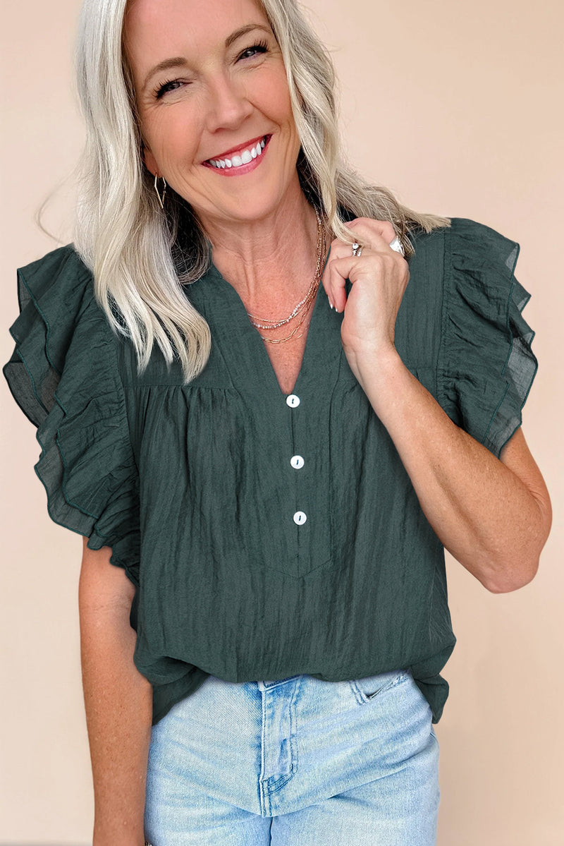 Skobeloff Buttoned V Neck Ruffle Short Sleeve Blouse