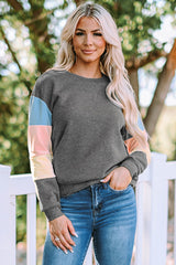 Rosy Color Block Casual Drop Sleeve Sweatshirt