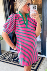 Pink Stripe Collared V Neck Puff Sleeve T Shirt Dress