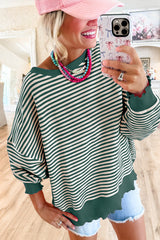 Green Stripe Drop Shoulder Long Sleeve Top