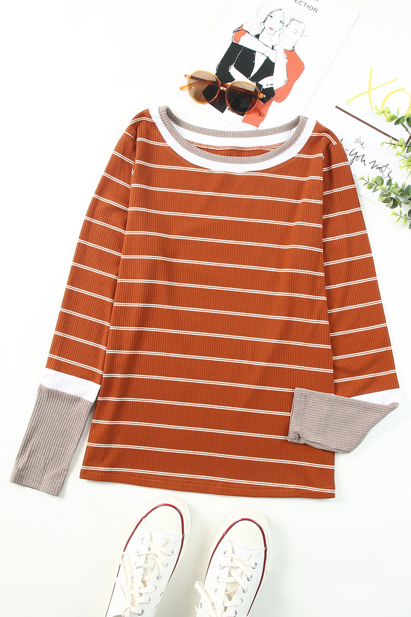 Brown Contrast Spliced Colorblock Cuffed Rib Knit Top