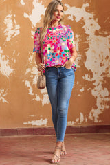 Purple Floral Print Crew Neck Short Sleeve Blouse