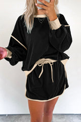 Black Contrast Trim Loose Pullover and Lace-up Waist Skirt Set