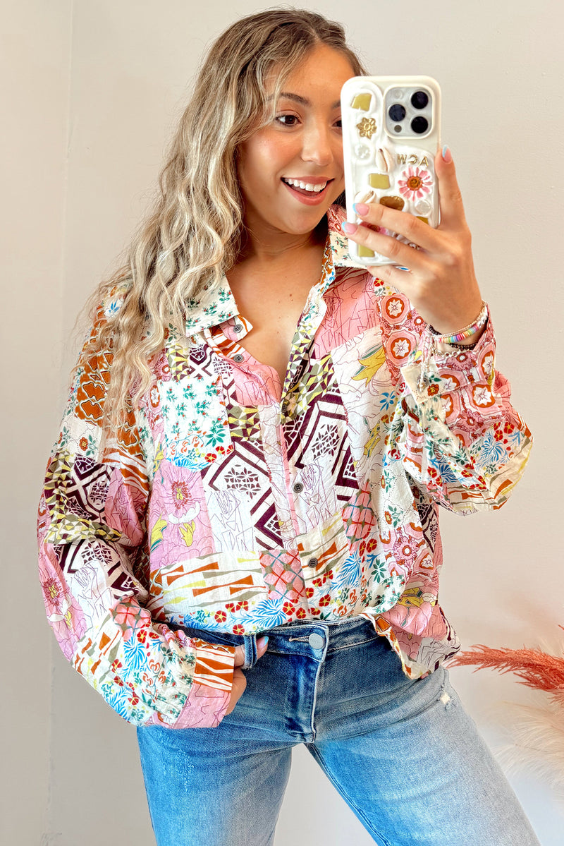 Pink Abstract Print Boho Button Down Shirt