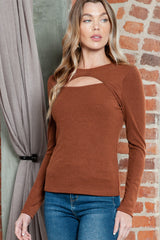 Brown Ribbed Peekaboo Cutout Long Sleeve Top