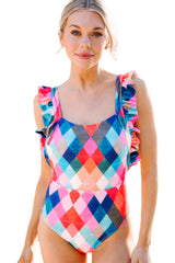 Multicolor Plaid Print Square Neck Frill Sleeveless Backless One-piece Swimwear