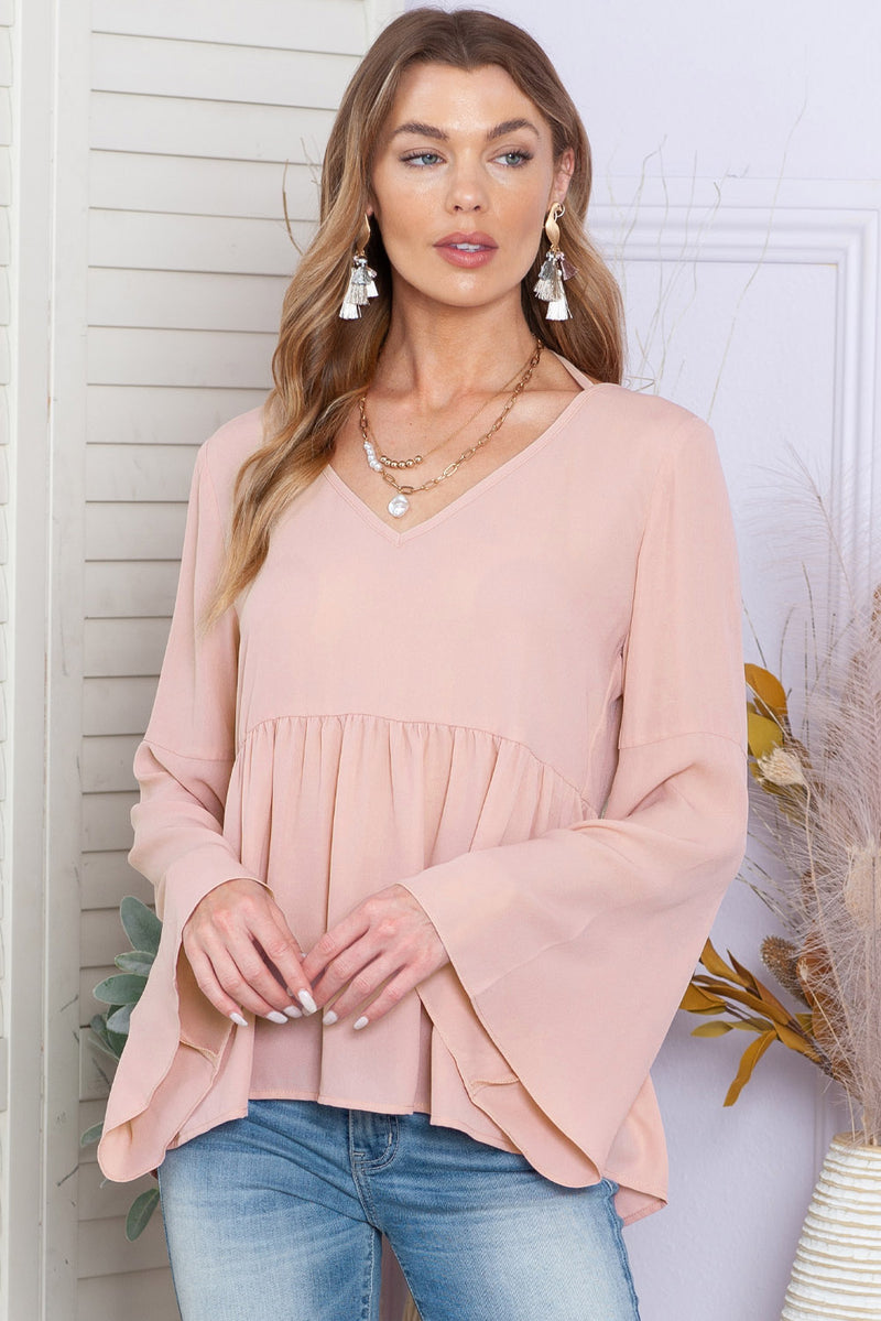 Pink Bell Sleeve Top V Neck Tie Back Peplum Blouse