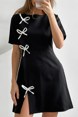 Black New Chinese Style Round Neck Bow Short Dress