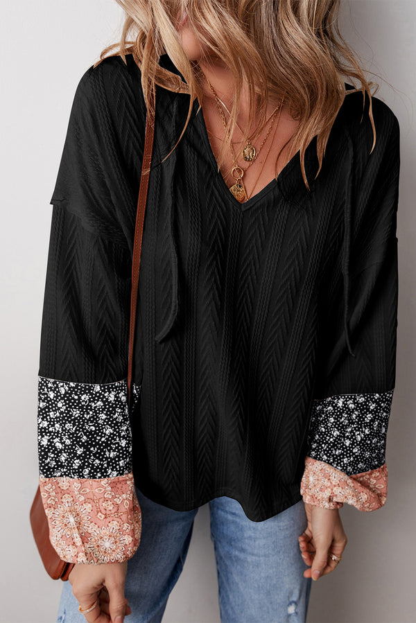 Black Floral Patchwork Textured Drawstring V Neck Top