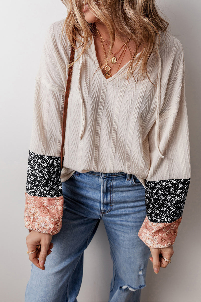 Beige Floral Patchwork Textured Drawstring V Neck Top