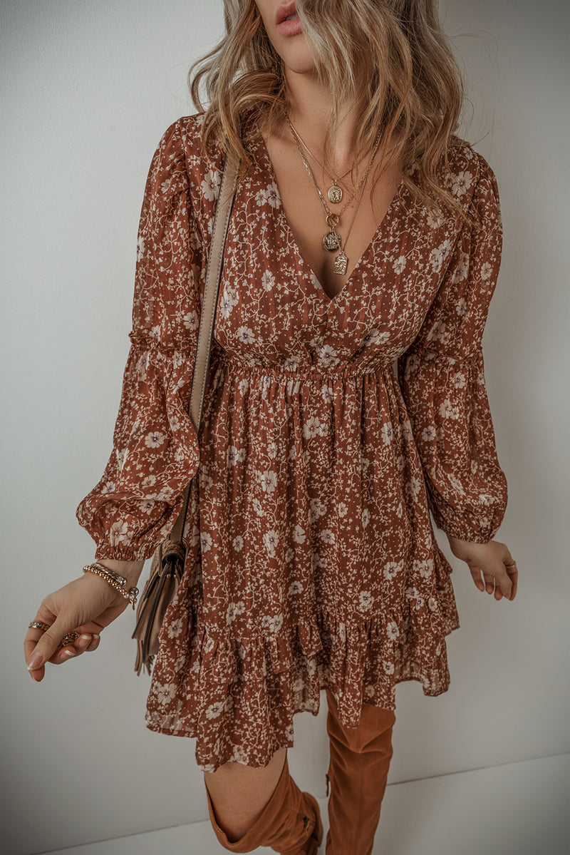 Brown Boho Floral Ruffle Puff Sleeve V Neck Mini Dress