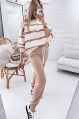 Light French Beige Striped Drop Shoulder Pullover and Jogger Pants Set