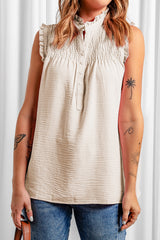 White Smocked Button Front V Neck Sleeveless Shirt