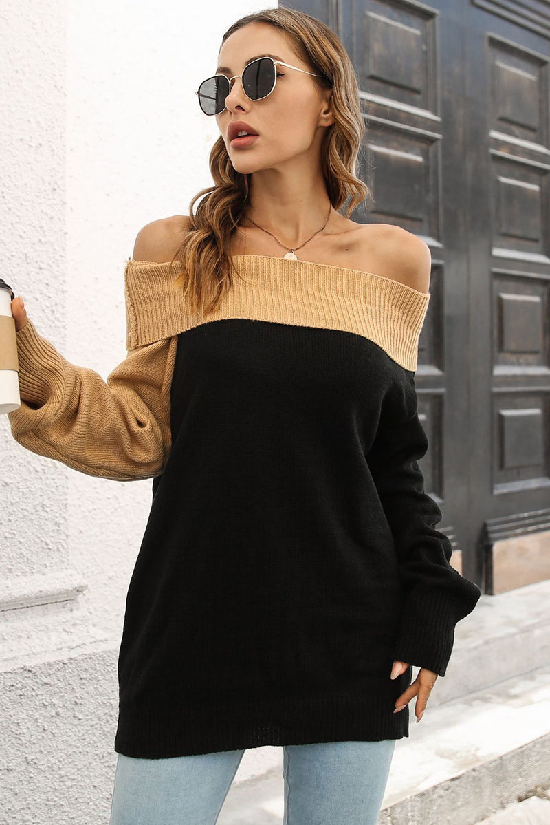 Black Two Tone Contrast Off The Shoulder One Collar Sweater