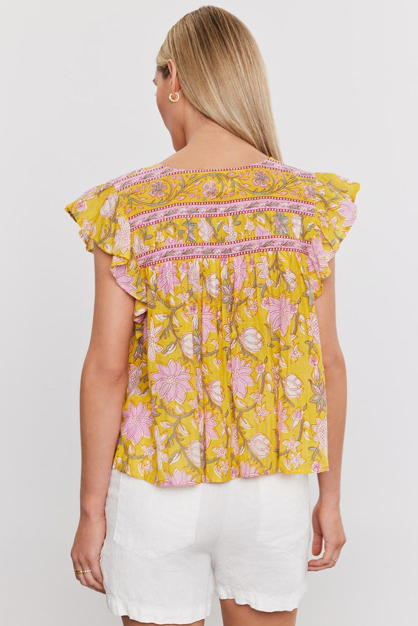 Yellow Floral Ruffle Shoulder V Neck Flowy Blouse