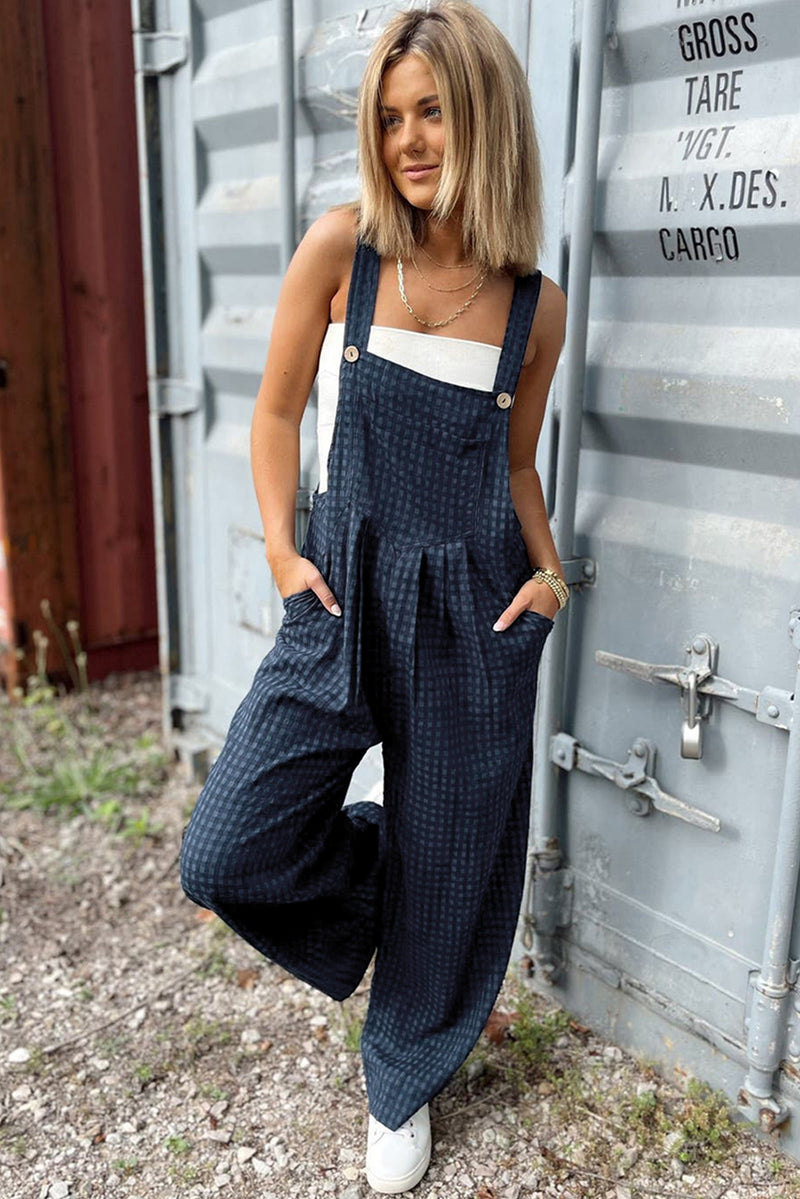 Sail Blue Plaid Print Buttoned Pocket High Waist Overall