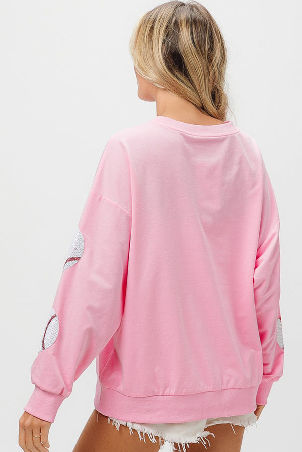Pink Sequin Baseball Graphic Drop Sleeve Sweatshirt