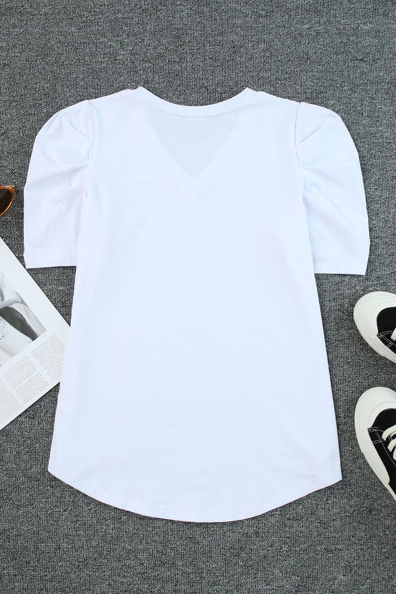 Green Solid Puff Sleeve Casual V Neck T-Shirt