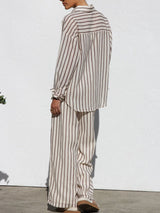 Striped Collared Neck Long Sleeve Top and Pants Set