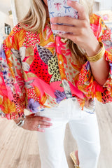 Red Abstract Floral Print Buttoned Ruffle Bubble Sleeve Shirt