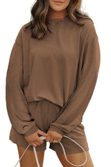 Chestnut Corded Long Sleeve Top and High Waist Shorts Set