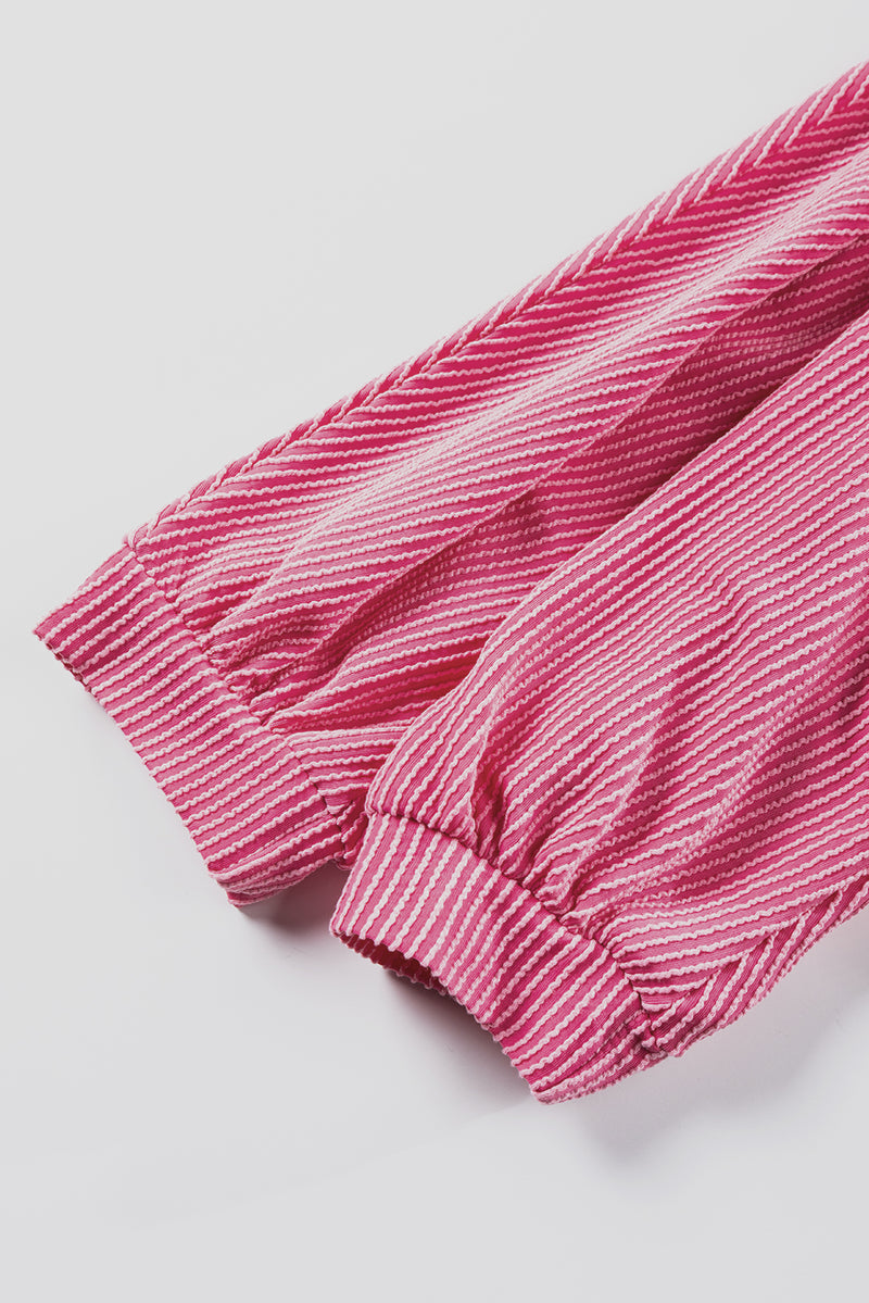 Strawberry Pink Ribbed Striped V Neck Bracelet Sleeve Top