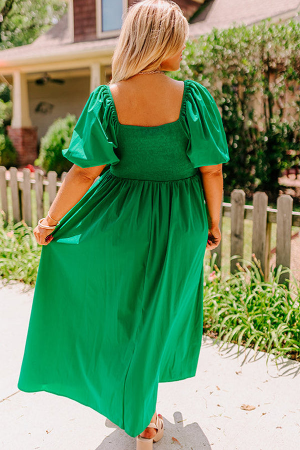 Bright Green Ruched Front Puff Sleeve Plus Size Dress