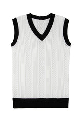 White Contrast Trim Eyelet Knit V Neck Vest