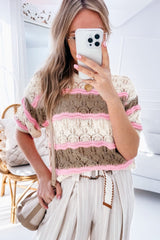 Brown Stripe Color Block Hollow Crochet Sweater