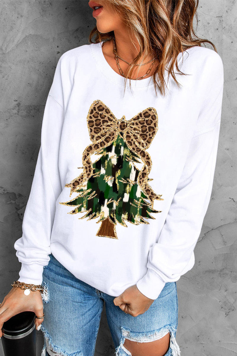 Beige Glittering Leopard Bow Christmas Tree Graphic Pullover Sweatshirt