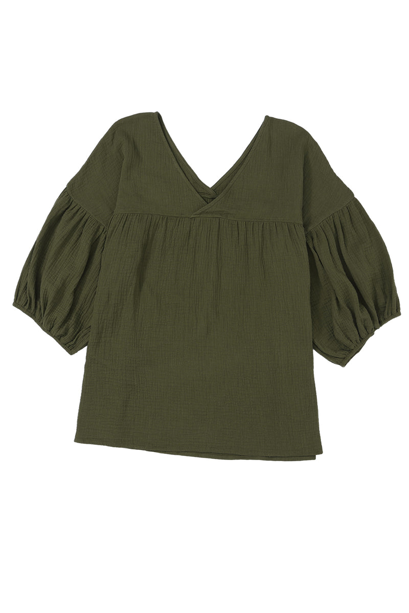 Green Solid Color Gauze Casual V Neck Top for Women