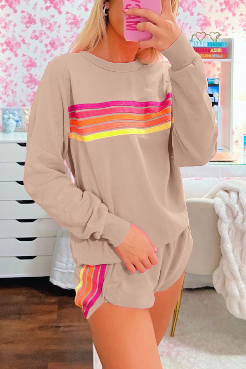 Black Colorful Striped Long Sleeve Pullover and Shorts Set