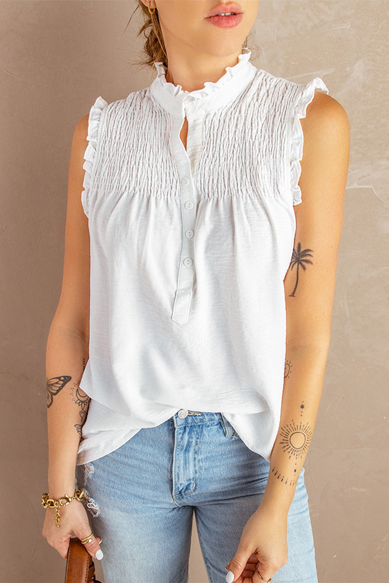 White Smocked Button Front V Neck Sleeveless Shirt