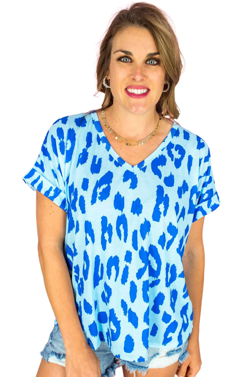 Sky Blue Leopard Print V Neck Plus Size T Shirt